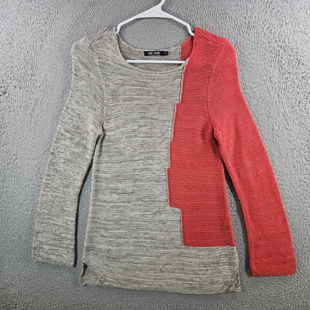 NIC+ZOE Women Small Tan Coral Colorblock Knit Sweater Long Sleeve Scoop Neck